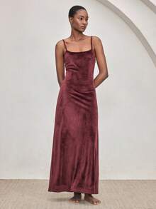 Ocili 女士纯色修身简约吊带连衣裙，家居服 - 酒紅色 - 查看 4