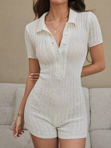 SHEIN 女士休闲日常通勤纯色半扣开衫短袖连体裤，夏季 - 白色 - 查看 5