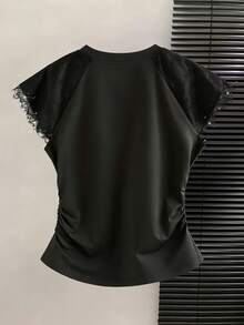 GlowEve CURVE Plus Size Women Spring Classic Black Simple Casual Contrast Lace Waist T-Shirt - Black - View 2