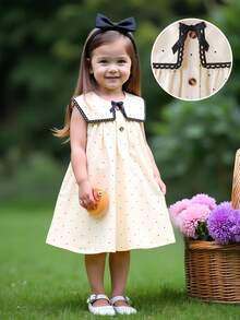 SHEIN 女童休闲波点连衣裙，饰有可爱蝴蝶结蕾丝边，方领开襟设计，适合日常休闲、度假、通勤等场合，尽显优雅气质。 - 杏色 - 查看 4