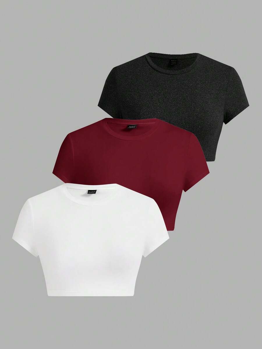 SHEIN ICON 三件套休闲简约黑白红短款T恤，百搭风格，超短紧身剪裁，适合春夏穿着。 - 彩色 - 查看 1