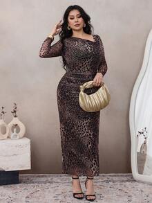 Modelyn Vestido elegante con cuello asimétrico con volantes de malla con estampado de leopardo, adecuado para salidas y citas, talla grande - Multicolor - Ver 8
