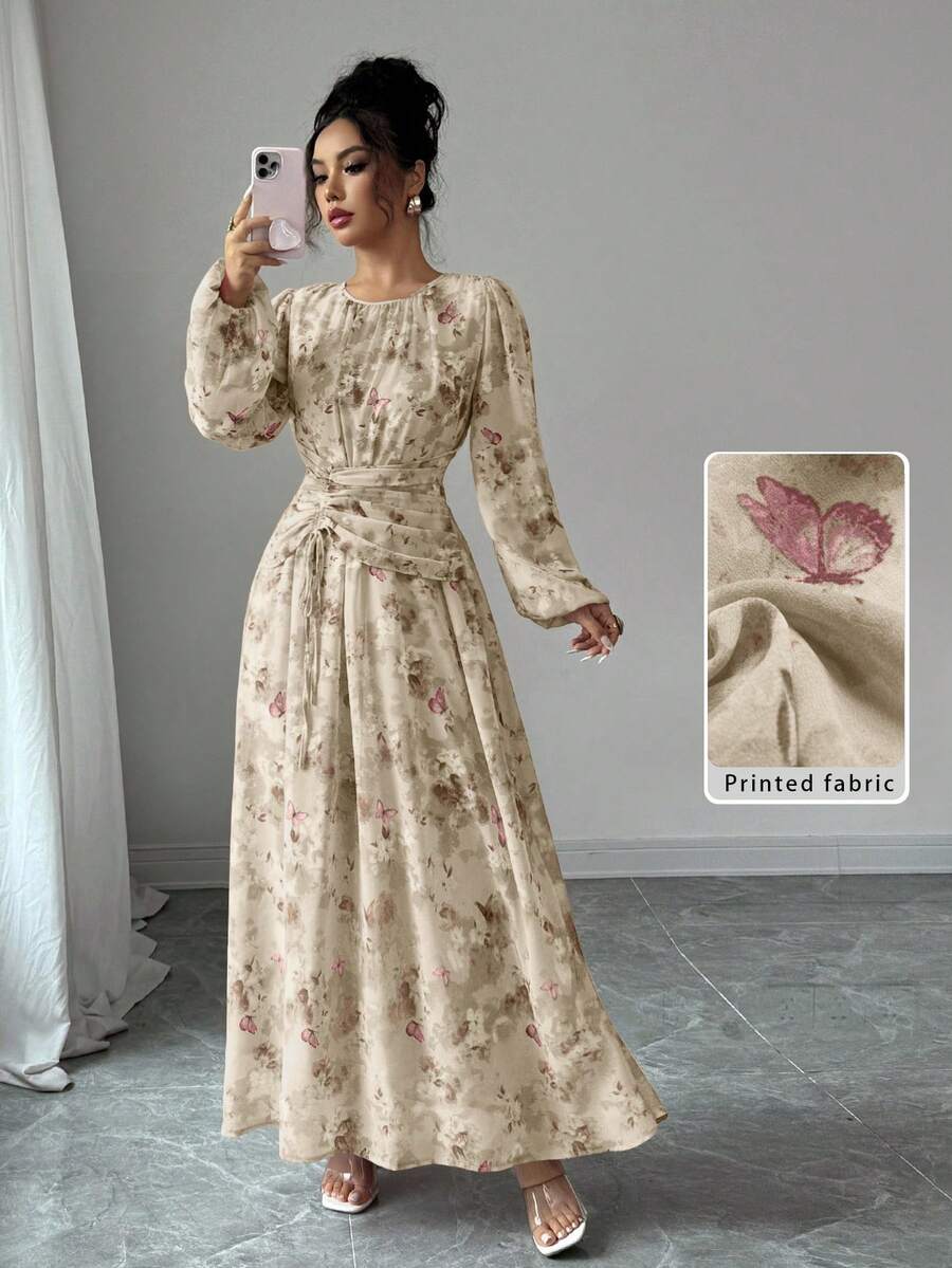 Modelyn 女士夏季雪纺蝴蝶印花褶皱圆领长袖连衣裙
