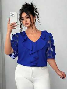 Elenzga 大码女式薄纱泡泡袖纯色V领荷叶边下摆上衣，夏季 - 寶藍色 - 查看 3