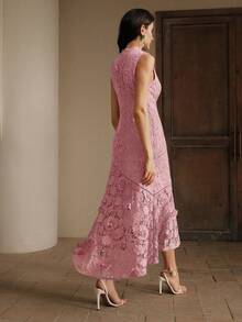Anewsta 女士优雅圆领蕾丝镂空拼接连衣裙，春夏款 - 粉色 - 查看 3