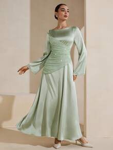 Graceveil Vestido elegante de estilo francés para mujer con cuello redondo, manga larga, volantes y decoración de rhinestones en color verde menta - Verde - Ver 7