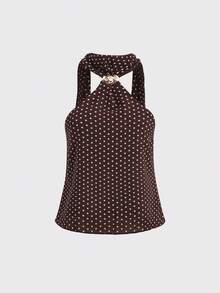 Sweetra 夏季可爱迷人波点印花露脐吊带背心，女士休闲装 - 棕色 - 查看 1