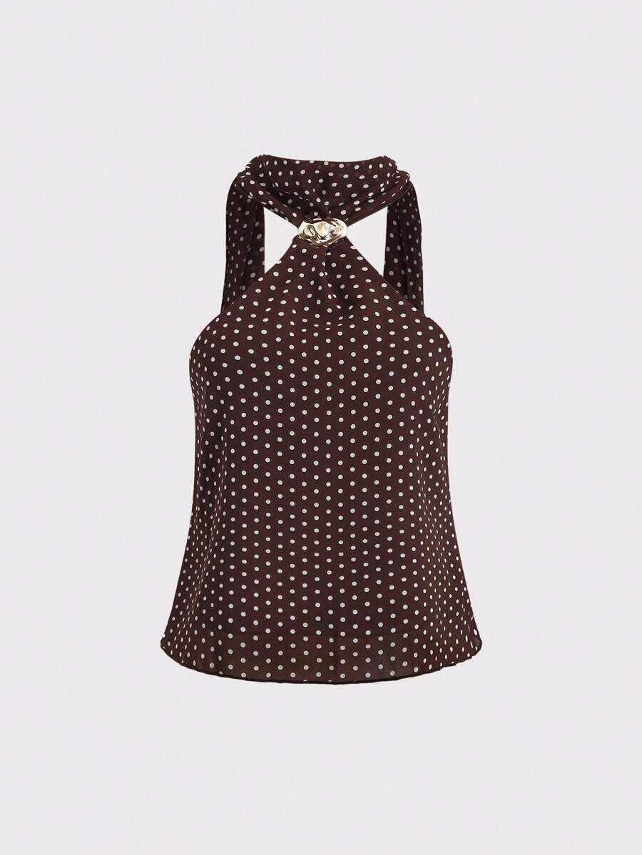 Sweetra 夏季可爱迷人波点印花露脐吊带背心，女士休闲装 - 棕色 - 查看 1