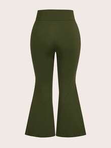 SHEIN PETITE CURVE Quần legging ống loe cạp cao thiết kế chéo dành cho nữ cỡ Plus Petite. Phù hợp cho nữ. - xanh quân đội - Xem 2