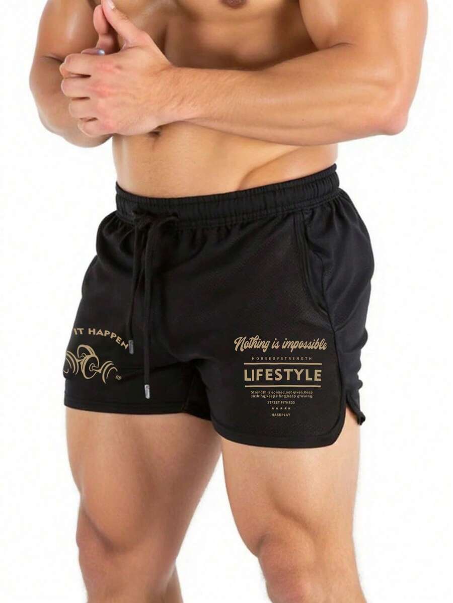 Manfinity Sport Corelite Men's Letter & Graphic Print Drawstring Waist Summer Sports Shorts Sweater Shorts Running Shorts - Black - View 1