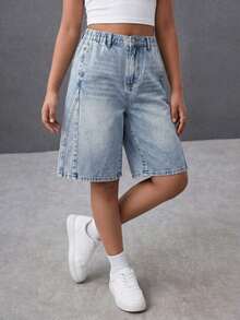 SHEIN Tween Girls' Casual Daily Urban Street Preppy Light Wash Gothic Dark Cross Print Denim Bermuda Shorts, Elastic Waist, Button Closure - Blue - View 6