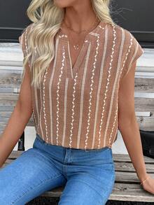 SHEIN Holidaya Women's Embroidered V-Neck Batwing Sleeve Loose Blouse, Spring/Summer - Khaki - View 6