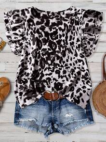 SHEIN Clasi Plus Size Summer Casual Leopard Print Ruffle Trim Round Neck Blouse - Multicolor - View 2