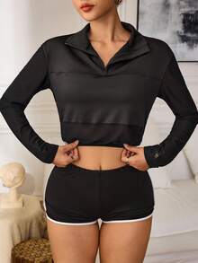 Slayform 休闲百搭黑色网眼拼接立领拉链半开襟长袖卫衣 - 黑色 - 查看 3