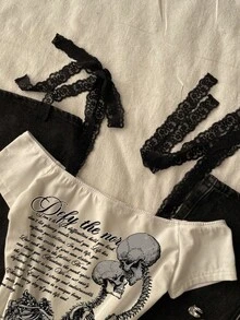 Attitoon 女士休闲复古蕾丝系带修身T恤，骷髅印花，适合Y2K、复古、Grunge、Y2K、夏季风格 - 白色 - 查看 4
