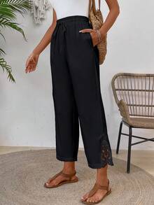 SHEIN LUNE Women's Summer Solid Color Patchwork Lace Drawstring Waist Long Pants - Black - View 6