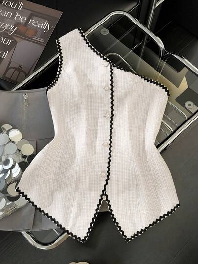 GlowEve CURVE Plus Size Color Block Trim Oblique Shoulder Minimalist Elegant Front Button Sleeveless Camisole