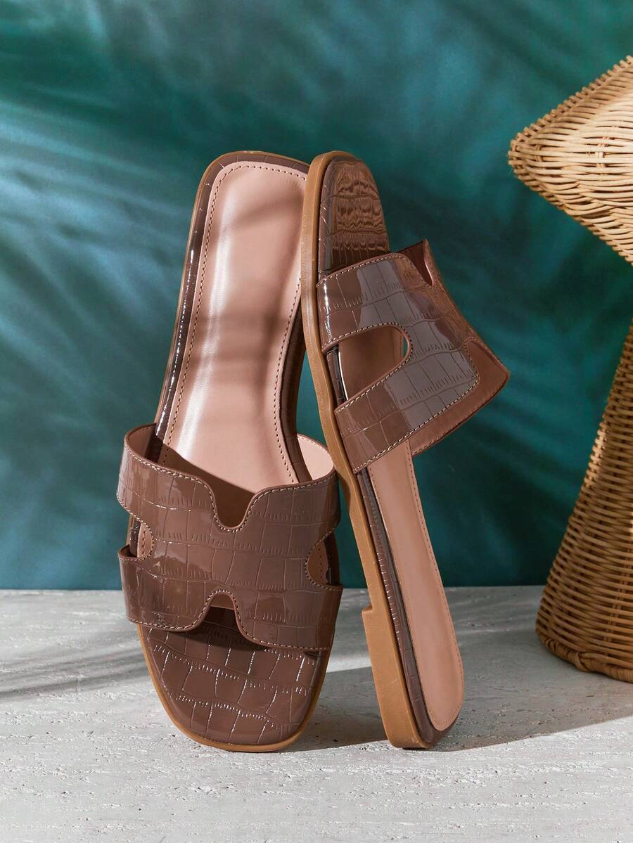 SHUZIA 畅销女式奢华风镂空露趾经典鳄鱼皮橄榄色拖鞋春季鞋 - 橄欖綠 - 查看 1