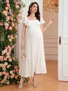 SHEIN Maternity Summer Vacation Geometric Texture Loose Neck Flare Sleeve Lace Trim Dress, Maternity Summer Dress, Women's Beach Dress, Women's Summer Outfit, Women's Sundress, Summer Vacation Dress, White Beach Dress, Women's Elegant Dress, Bohemian Style - White - View 4