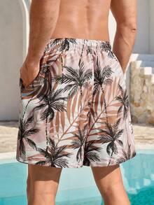 Horizaway Quần short nam in họa tiết thực vật toàn thân, túi xéo, eo dây rút, kiểu dáng thường ngày, thích hợp đi nghỉ mát hoặc đi biển. - Màu Khaki - Xem 3