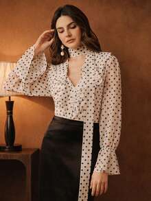 Anewsta 女士优雅波点复古浪漫白色雪纺衬衫，适合春季、新年、圣诞节、情人节、婚礼、时尚节日等场合。 - 白色 - 查看 3