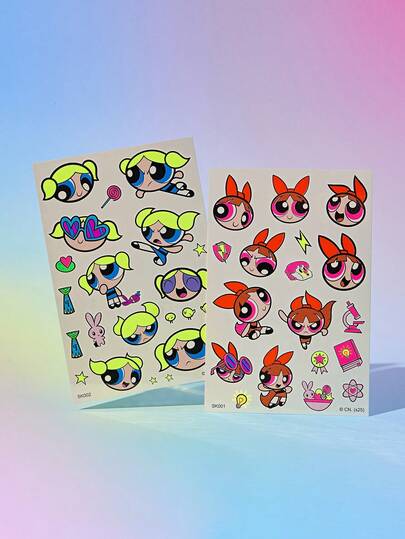 FanGlow THE POWERPUFF GIRLS X SHEIN 2 张临时纹身贴纸，持久耐用，易于粘贴，适用于面部、手臂、背部和腿部的艺术化妆，是派对装饰的完美之选。
