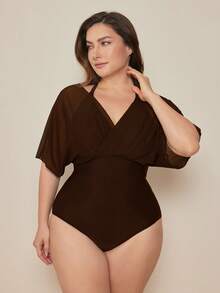 Swim Basics 2026 New Elegant Plus Size One-Piece Swimsuit For Beach Vacation, Slimming Chic Plus Size One-Piece Swimwear, Brown - Brown - View 6