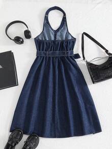 SHEIN Vestido Denim Sem Costas com Alça de Amarrar para Meninas Pré-Adolescentes/Adolescentes, Vestido de Férias, Vestido Casual, Estilo Retrô, Roupa de Balada, Streetwear, Vestido para Chá da Tarde, Estilo Y2K, Roupa de Férias, Roupa de Aeroporto, Mini Saia Denim, Volta às Aulas, Estilo Vintage. Vestido de Verão, Saia Denim/Vestido Denim/Saia Denim - Azul - Visão 2
