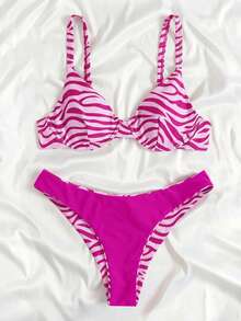 SHEIN Swim Set Bikini Tali Tipis dengan Motif Cetak Seluruh Permukaan - MultiWarna - View 2