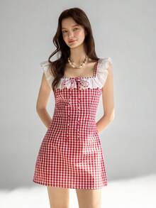 Ardnt 复古红色格子甜美蕾丝领修身休闲通勤连衣裙，女士夏季 - 酒紅色 - 查看 6