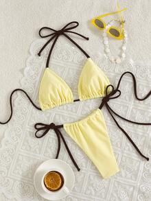 Swim Mod 2pcs/Set New Summer Solid Color Sexy Backless Halter Tie Swimwear Set For Women - Light Yellow - View 1
