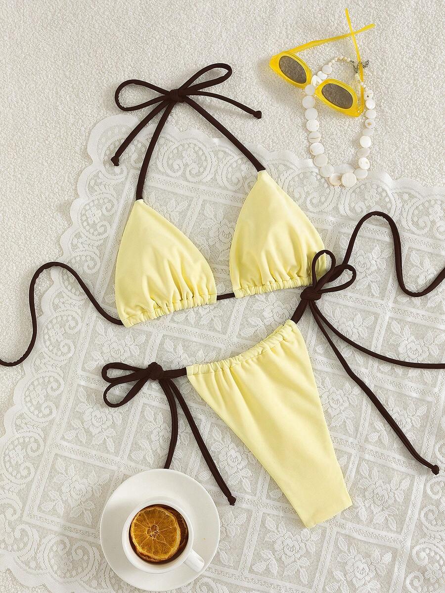 Swim Mod 2pcs/Set New Summer Solid Color Sexy Backless Halter Tie Swimwear Set For Women - Light Yellow - View 1