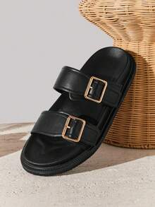 SHUZIA 男士双扣宽带软鞋垫优质人造革黑色拖鞋 – 舒适、简约、百搭，情人节之选 - 黑色 - 查看 7