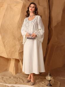 Al Najma Women's Apricot V-Neck Rhinestone Embellished Loose Fit Casual Dress - Apricot - View 6