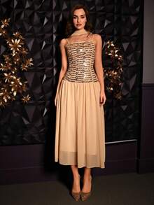 Modelyn Women's Fashionable Party Sequin Cami Dress - Champagne - View 7