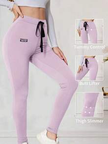 Modelyn 女士字母印花抽绳腰紧身打底裤，舒适有弹性 - 淡紫色 - 查看 1