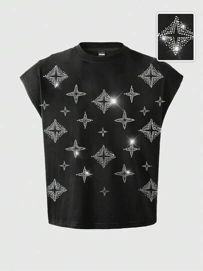 ROMWE MEN Men's Sparkling Diamond Decor Loose Fit Sleeveless Tank Top, Casual Summer