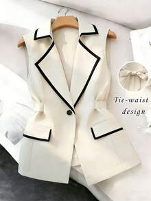 Franclia Women's Blazer, Beige Blazer, Contrasting Collar Blazer, Sleeveless Blazer, Thin Spring/Autumn Blazer, Belted Blazer, Elegant Blazer, Black Blazer, Color-Block Blazer, Everyday Commuter Blazer, Fashionable And Versatile Blazer, Simple And Sophisticated Blazer Suit Jacket For Women Women Blazer Women Suit Vest Dress Jacket - Beige - View 4