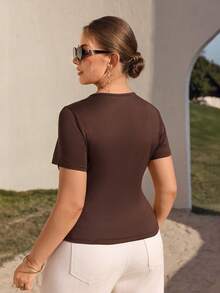 Juhart Plus Size Women's Solid Color Round Ring Pattern Fitted Short Sleeve T-Shirt - Chocolate Brown - View 2
