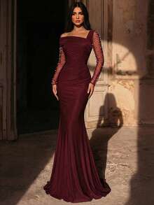 Glamrae Elegant Luxurious Pearl & Rhinestone Mesh Splice Ruched Fishtail Dress, Suitable For Weddings, Parties, Vacations, Galas, Evening Formal Occasions - Burgundy - View 8