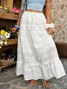 Selianne Women's A-Line Lace Patchwork Embroidered French Style Vacation Skirt, Beach Vacation Skirt - White - View 4