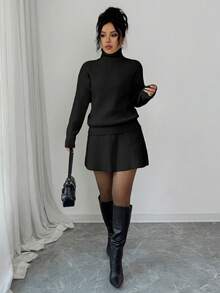 SHEIN Elenzya 两件套：优雅通勤白色翻领长袖落肩针织衫和半身裙，秋冬款 - 黑色 - 查看 6