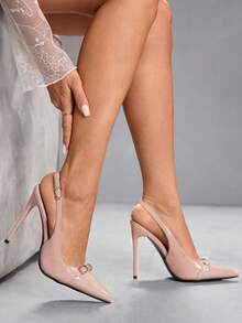 CUCCOO SZL 女士酒红色时尚高跟鞋，勃艮第红细跟带扣装饰 - 杏色 - 查看 5