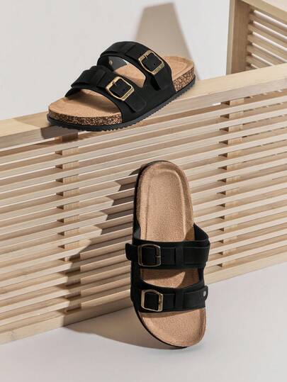 SHUZIA #ComfortCraft 男士双扣宽带软木鞋垫高级人造革黑色拖鞋 – 支撑性好、简约百搭