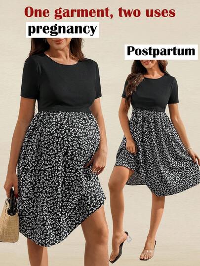 SHEIN 碎花哺乳连衣裙，圆领短袖