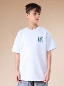 SUMWON Oversized Boys Printed Patch T-Shirt With Crew Neck Short Sleeves Summer Casual Tee - Baby Blue - View 4