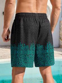 Manfinity Swimmode Men's Summer Vacation Casual Fashion Allover Print Contrast Color Drawstring Waist Slant Pocket Loose Beach Shorts Men Matching Swim Trunks Swim Trunks For Men Beachwear For Men Men Swim Trunks Shorts Men Swim Trunks, Hawaiian Men's Swim Trunks Geometric Print Swim Shorts Men's Pool Shorts Men's Geometric Swim Shorts Beachwear Men Men's Beachwear Men's Swim Trunks Geometric Black Graphic Shorts Men Pool Clothes Men - Blue - View 2