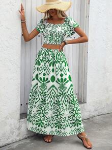 Breezaya Women's Summer Vacation Allover Print Ruffle Hem Crop Top And Skirt 2 Pieces Set - Green - View 7
