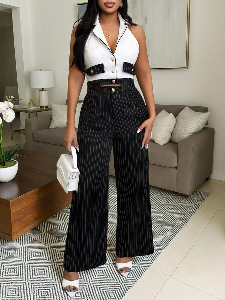 Vavine Conjunto elegante de negocios casuales para mujer, con top de chaleco ajustado con decoración de tweed, solapa y botones metálicos sexy, y pantalones rectos a rayas de cintura larga y casual, conjunto de 2 piezas - Blanco y Negro - Ver 1