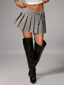 Avenya Striped Print Knotted Waist Pleated Casual Skirt - Khaki - View 1